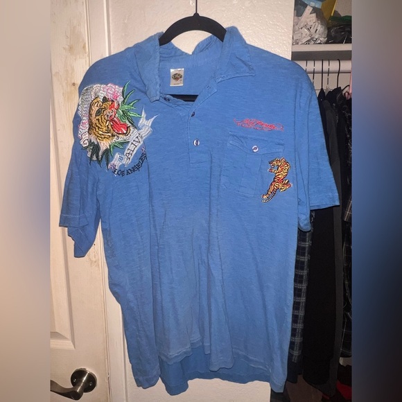 Ed Hardy Other - Ed Hardy Blue Polo Tiger Embroidery Y2K Mens Large